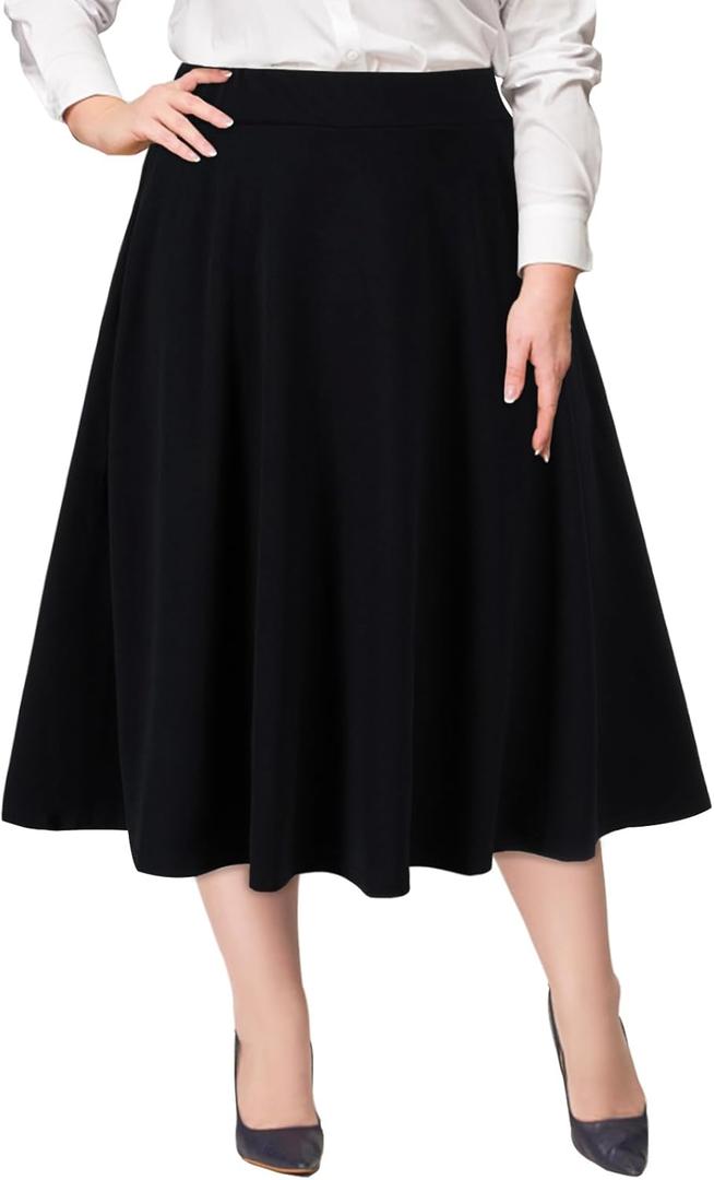 Moon Wood Women's Plus Size Midi Skirt High Elastic Waist A-Line Flared Skater Skirts with Pockets