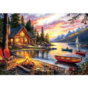 2000 Piece Jigsaw Puzzle for Adults, Lakeside Cabin Sunset with Canoes & Campfire, Mountain Lake Wilderness Landscape Puzzle, Challenging Nature Puzzle for Family Game Nights, 39" x 28"