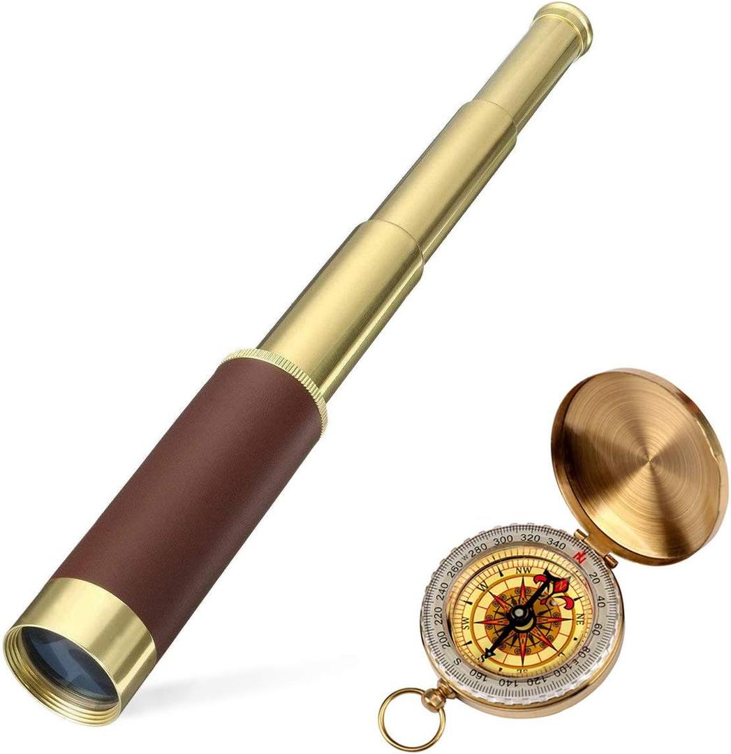 Retro Pirate Telescope Zoomable 25x30 Spyglass Portable Collapsible Handheld Telescope Vintage Monocular for Kids & Survival Gear Compass Pocket Military Compass for Camping Boating
