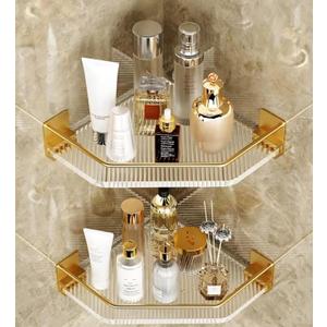 Shower Corner Caddy with Hooks , 2 Pack Luxury Organizer with Upgraded Adhesive System for Bathroom,Kitchen & Balcony, Floating Shower Wall Shelf Bath Basket Rack Heavy Duty 2 Pack (Gold,Acrylic)