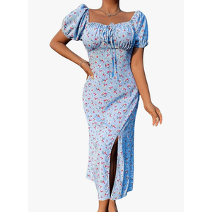 Women's Ditsy Floral Puff Sleeve Long Dress Sweetheart Neck Split Thigh Vacation Maxi Dresses, S/M Women's Ditsy Floral Puff Sleeve Long Dress Sweetheart Neck Split Thigh Vacation Maxi Dresses, S/M