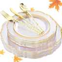 Liacere 150PCS Clear Gold Plastic Plates - Disposable Plastic Silverware with Glitter Bamboo Handle Cutlery-Baroque Clear Gold Disposable Plates for Wedding & Party & Thanksgiving &Fall Decor (Floral)