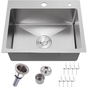 IKEBANA 24 x 18 Inch Brushed Nickel Kitchen Sink Drop in, 16 Gauge Stainless Steel Wet Bar Sink Topmount Single Bowl Small Kitchen Sinks, Outdoor RV Prep Sinks With Dish Grid& Drain