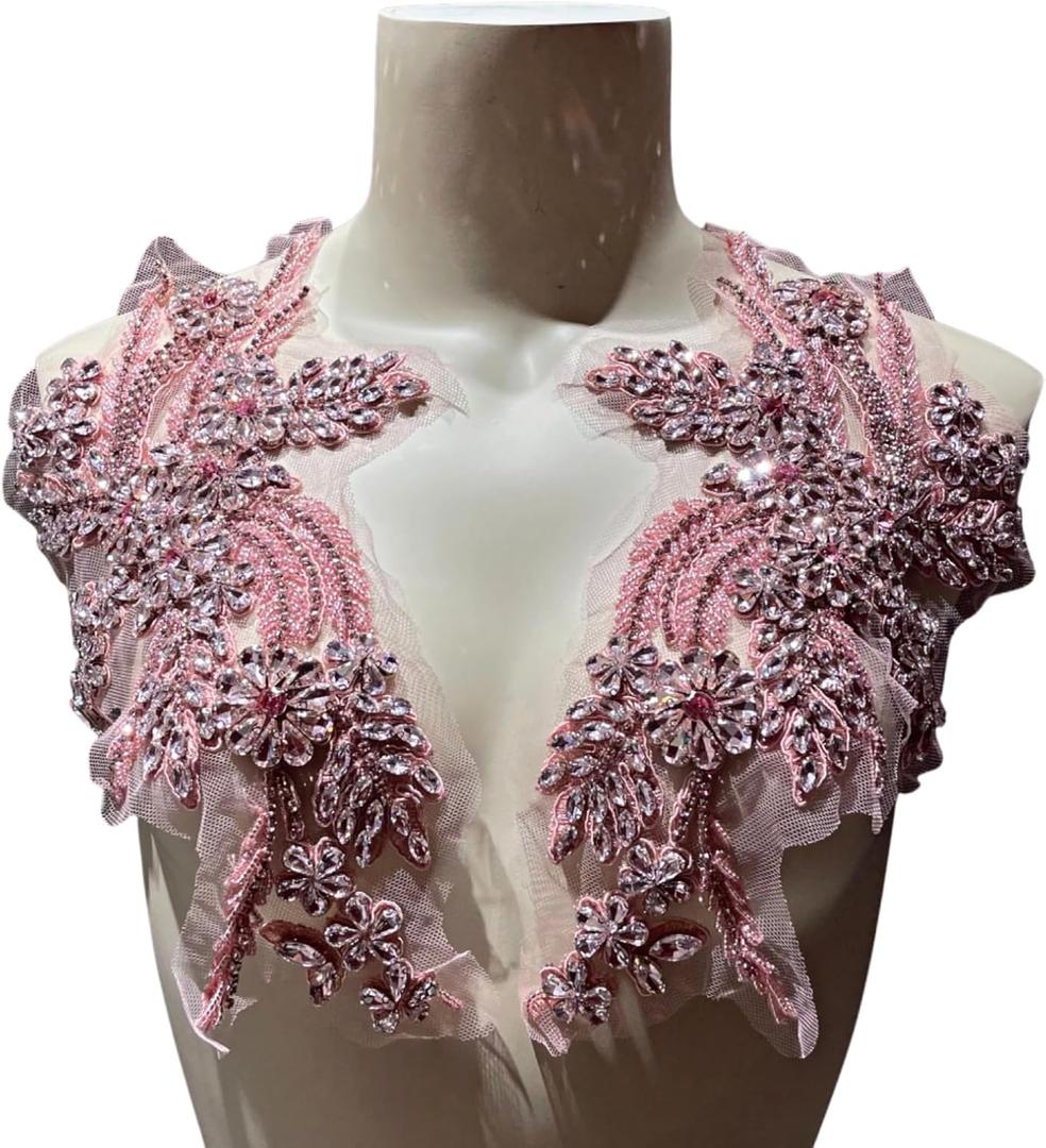 1 Pair of Handmade Rhinestone Appliques,26.5 * 18cm Pink Applique for Dress Wedding, Banquet Evening Gown,Photograph Shot Sewing Rhinestone Patches(Pink)