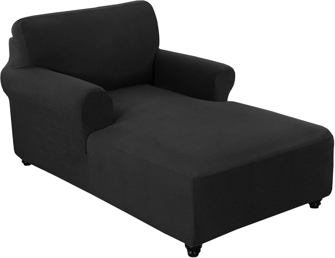 FantasDecor Chaise Lounge Cover Stretch Chair Lattice Slipcover with Armrests for Living Room Bedroom Double Arm Soft Jacquard Fabric Machine Washable, Black