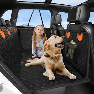 Dog Car Seat Cover for Back Seat, Hard Bottom Back Seat Extender for Dogs, Waterproof Dog Hammock for Truck Support to 400lbs, Car Seat Protector for Cars, Trucks, SUV, Jeep (Universal-Oxford-Orange)