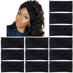 Yeshan Black Headbands for Women No slip Wide Stretchy Headband Twist Knotted Head bands Yoga Workout Sport Hair bands,Pack of 12