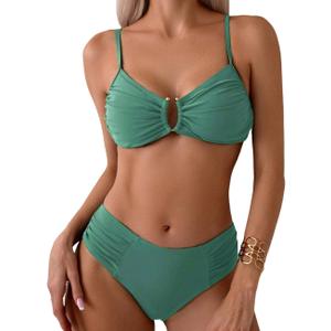Tainehs Two Piece Swimsuits for Women Bikini Sets Ruched V Neck Mid Rise Back Hook Bathing Suit (Medium, Light Green)