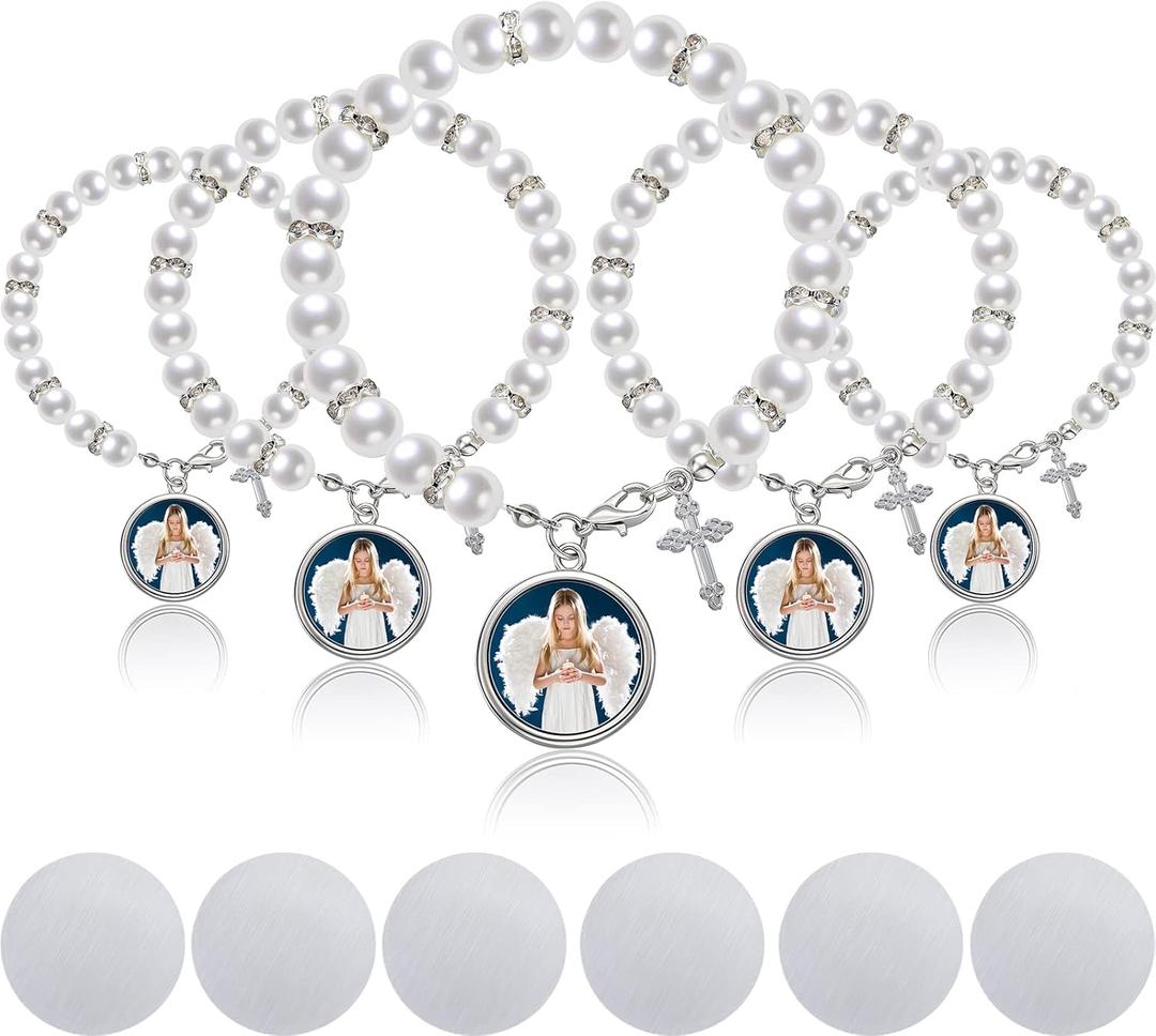 12 Pieces Sublimation Rosary Blank Bracelets for Baptism Imitation Rosary Beads Bracelets Cross Charm Heat Transfer Blank for catholic Baptism First Communion Catholic Gifts Shower DIY Jewelry Making