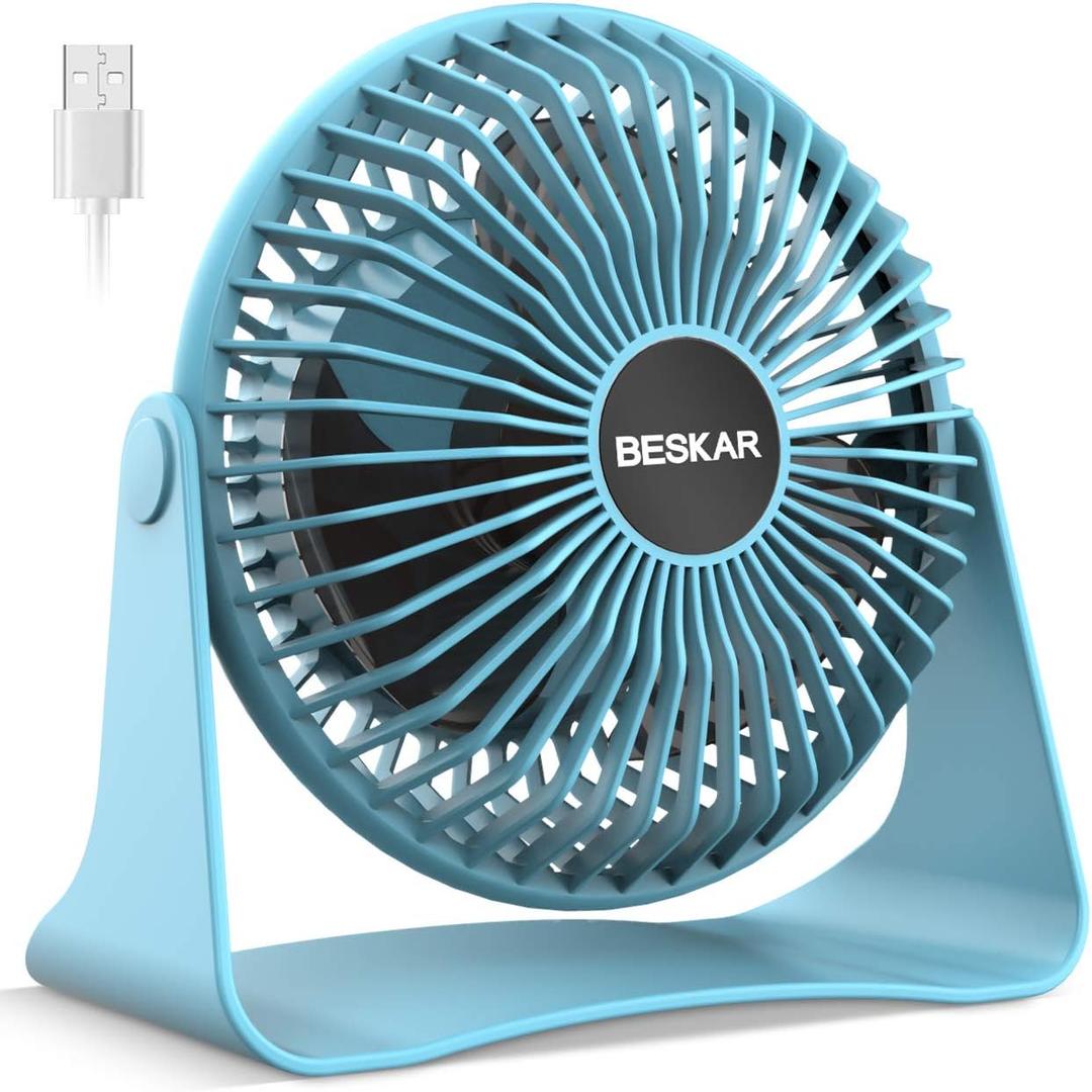 BESKAR USB Small Desk Fan, Portable Fans with 3 Speeds Strong Airflow, Quiet Operation and 360Rotate, Personal Table Fan for Home,Office, Bedroom- 3.9 ft Cord/Blue