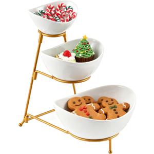LYEOBOH 3 Tier Serving Bowls Set Tiered Serving Stand, Porcelain Oval Bowls with Collapsible Metal Stand for Entertaining, Party, Dessert Display, Candy, Chip and Dip (Gold)-45oz / 17.5oz / 7oz