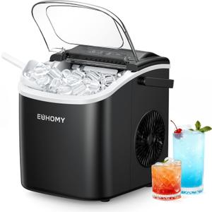 EUHOMY Countertop Ice Maker Machine with Handle, 26.5lbs Per Day, 9 Ice Cubes Ready in 6 Mins, Auto-Cleaning Portable Ice Maker with Basket and Scoop, for Home/Kitchen/Camping/RV (Black)