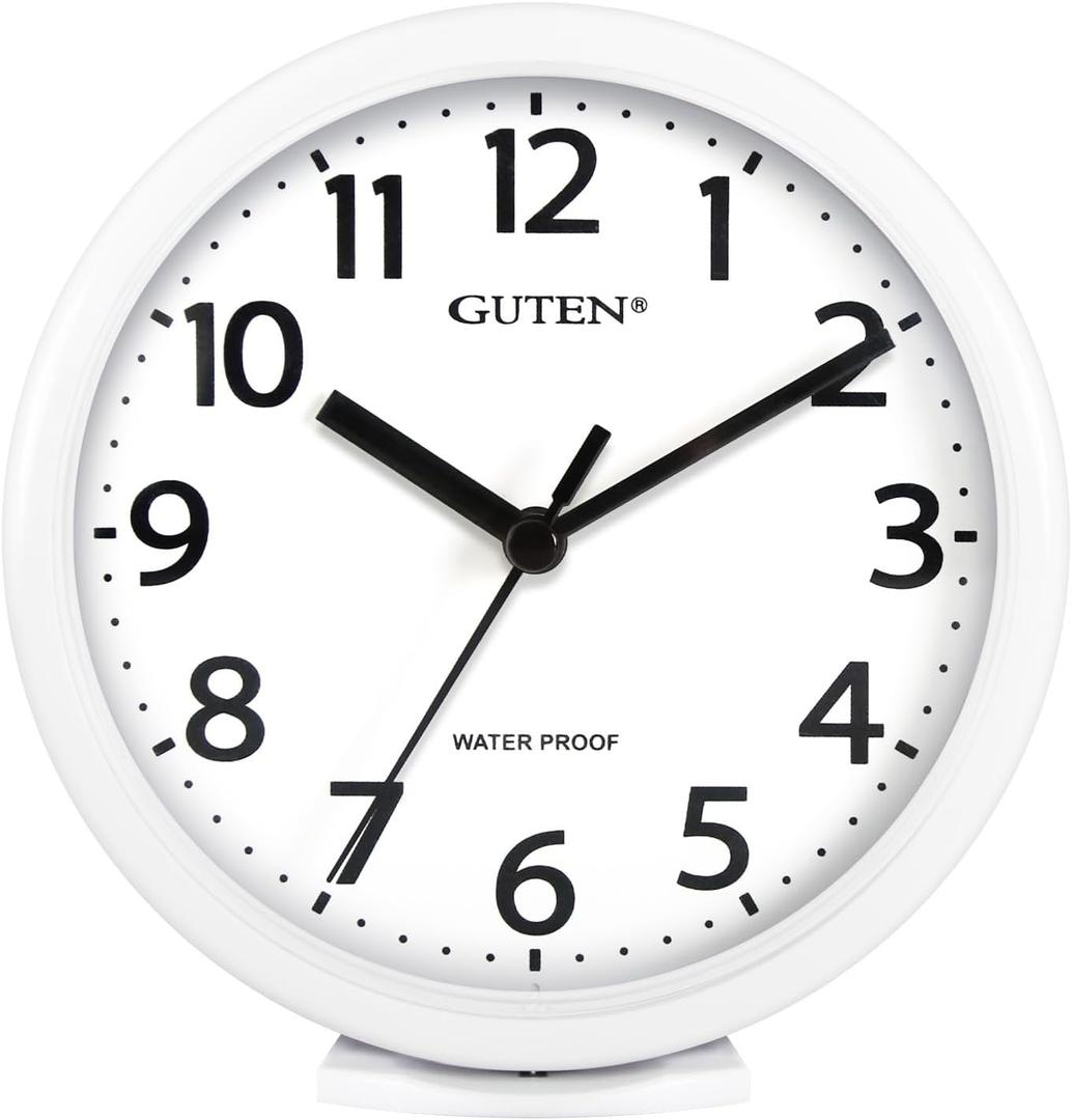 Caysie 6 Inch Waterproof Bathroom Shower Clock, Hanging or Standing Silent Battery Operated Quartz Magnetic Wall Clocks for Kitchen, Bathroom, Home (White)