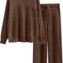 ANRABESS Women's Fuzzy Fleece Pajama Sets 2 Piece Outfits Long Sleeve Top Wide Leg Pants Lounge Matching Set 2025 Fall Winter (Brown, L)