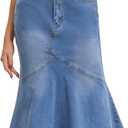 Women Midi Jean Skirt High Waisted Ruffled Bodycon Fishtail Denim Skirts (Blue) L