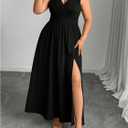 OYOANGLE Women's Plus Size Lace Trim Sleeveless Maxi Dress Wrap V Neck High Slit Formal Evening Dresses, Black, 4XL