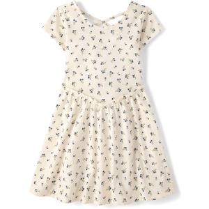 The Children's Place Girls' Plaid Stretch Jacquard Short Sleeve Dress (X-Large, Fair Ivory)