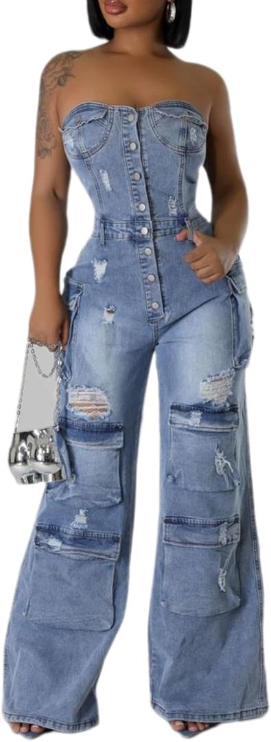 ksotutm Denim Jumpsuit for Women Strapless Multi Pockets Wide Leg Loose Baggy Jean Romper Cargo Overalls (Medium, Blue)