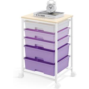 Utility Cart with 5 Drawers,Storage Drawer Cart with Wooden Tabletop and Lockable Wheels,Craft Storage Trolley Cart,5-Tier Rolling Utility Cart on Wheels,Purple