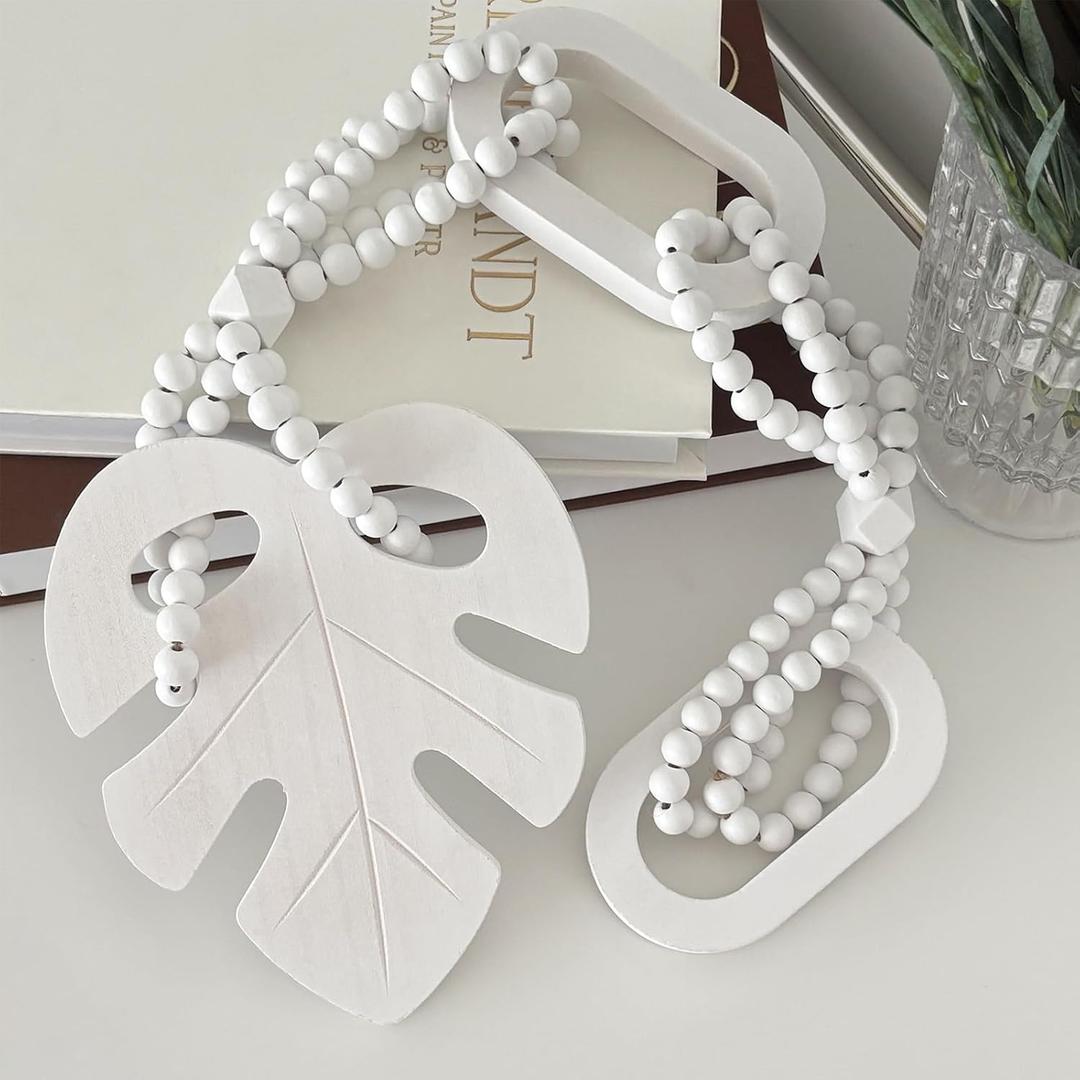 Unique Wood Beads with Chain Link and Leaf, Decorative Beads Home Decor, Knot Beaded Garland Decor, Housewarming Gift, White