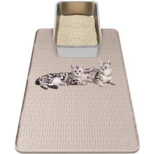Kalolary Cat Litter Box Mats, Large 34" x 22" Silicone Cat Mat, Easy to Clean Kitty Litter Trapping Mat, Soft on Kitty Paws, Waterproof, Urine-Proof Kittys Litter Mats for Floor, Beige