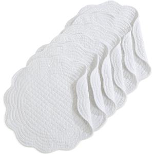 HOMBYS Quilted Placemats Set of 6 Washable Round Placemats for Kitchen Table-100% Cotton Fabric 14 Inch Round Table Mats, Cotton Fabric with Microfiber Filling, (14"x14", Pure White)