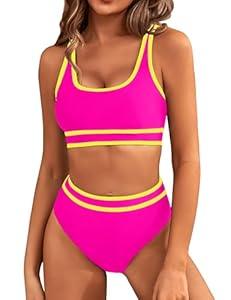 BMJL Women's High Waisted Bikini Sets Sporty Two Piece Swimsuits Color Block Cheeky High Cut Bathing Suits L