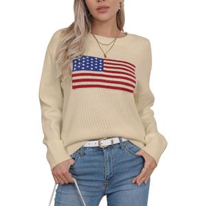Womens American Flag Sweater Long Sleeve Crew Neck Knitted Casual Pullover Sweater (M)