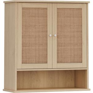 Reettic Rattan Two Door Wall Cabinet, Wooden Medicine Cabinet, Wall Mounted Bathroom Storage Cabinet with Inner Adjustable Shelf, for Bathroom, Kitchen, Entryway, Natural BMGZ103M (23.6"L x 7.9"W x 27.6"H)