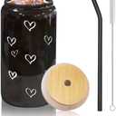 Jlmcreations Heart Patterned Cup With Bamboo Top + Glass Straw | 16oz Can Shaped Glass | Smoothie and Iced Coffee Cup