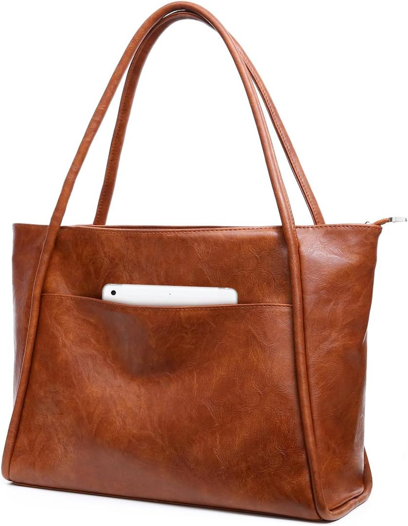 Large Tote Bag for Women Work with Zipper 16L Vegan Leather Ladies Travel Purses and Handbags (T1-brown)