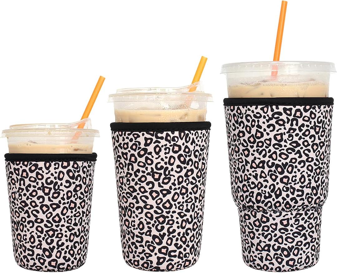 3 Pack Reusable Iced Coffee Sleeves - Xumbtvs Insulator Sleeve for Cold Beverages, Neoprene Coffee Cup Holder (Leopard print)