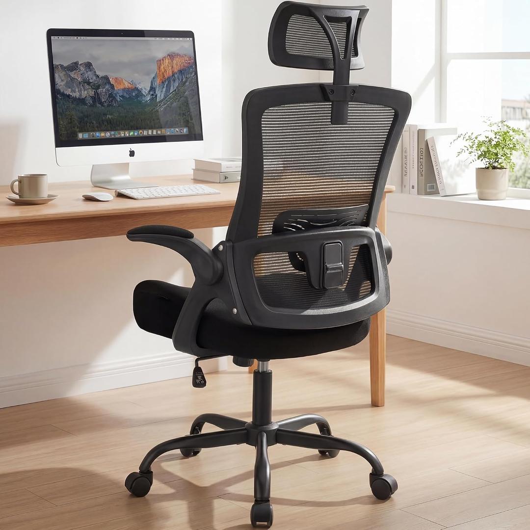 NEO CHAIR Office Chair High Back Desk Chair Comfy Gaming Computer Mesh Seat with Ergonomic Lumbar Adjustable Headrest Rolling Flip-up Armrests and Wheels (All Black)