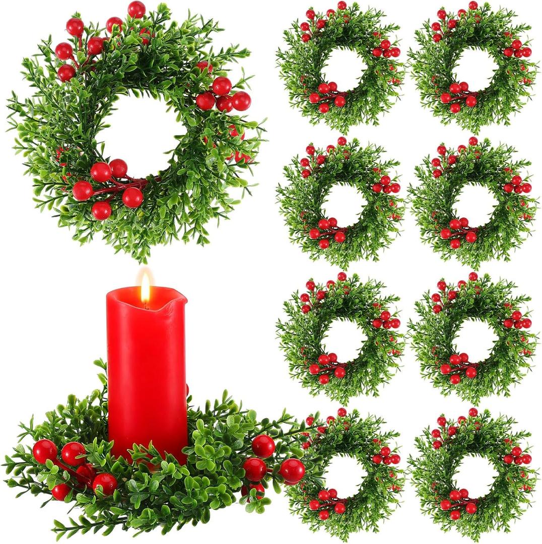 8 Pcs Christmas Pillar Candle Rings 2 Inch Center Small Xmas Kitchen Cabinet Wreath 6 Inch Mini Artificial Boxwood Berry Wreath Bulk for Holiday Table Centerpiece Window Door Wall Chair Decor