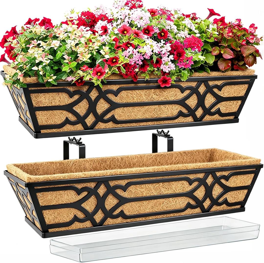 2 Pack 24 Inch Railing Planter Boxes with PET Water Storage Tray & Coco Liner, Window Boxes Planters for Deck Railing, Metal Hanging Flower Box for Outdoor Balcony Fence and Patio Garden