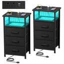 LAKEMID Nightstands Set of 2 with Charging Station, Night Stand with 20 Colors LED Lights and Fabric Drawer, Side Tables Bedroom, End Table with USB Ports and Outlets for Living Room, Office (Black)