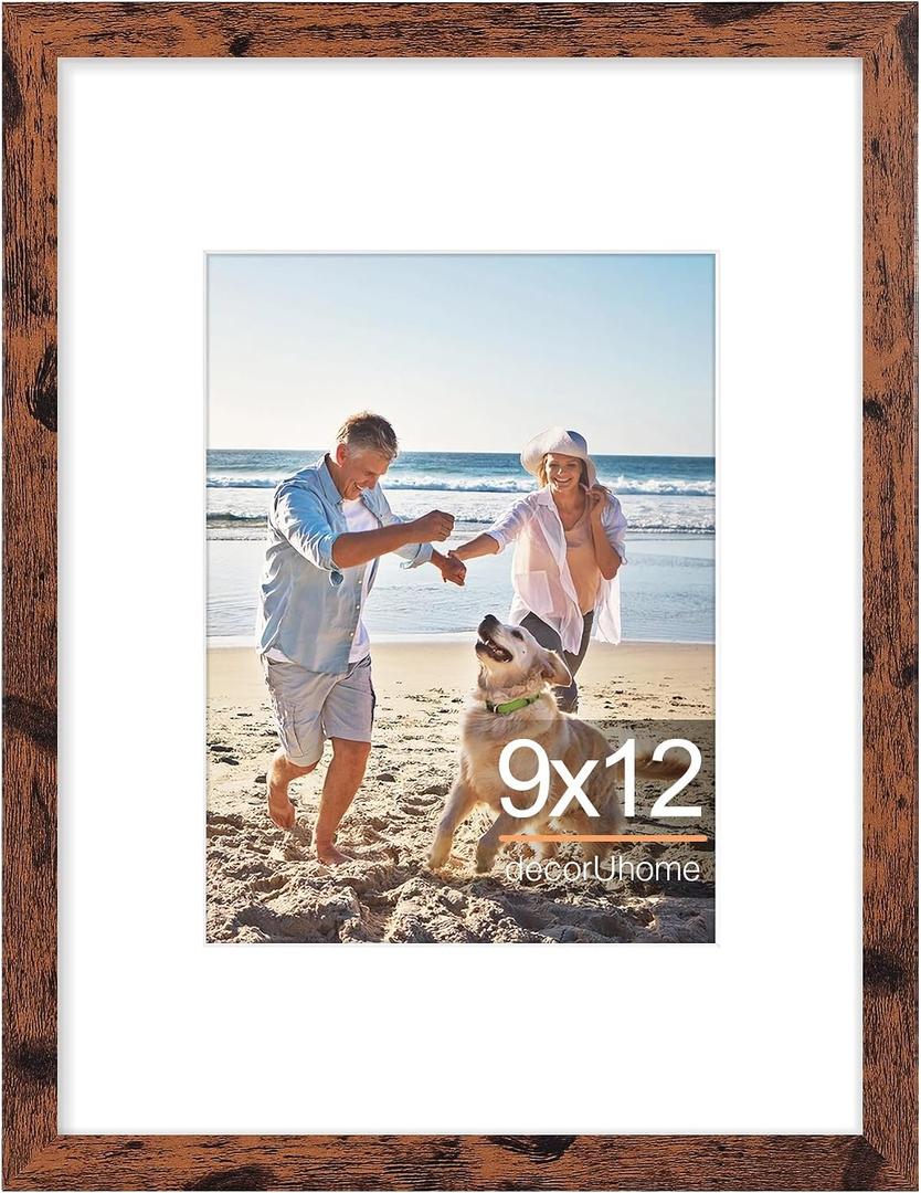 decorUhome 9x12 Picture Frame, Display Pictures 6x8 with Mat or 9x12 without Mat, Wall & Tabletop Display Photo Frame, Distressed Brown, 1 Pack