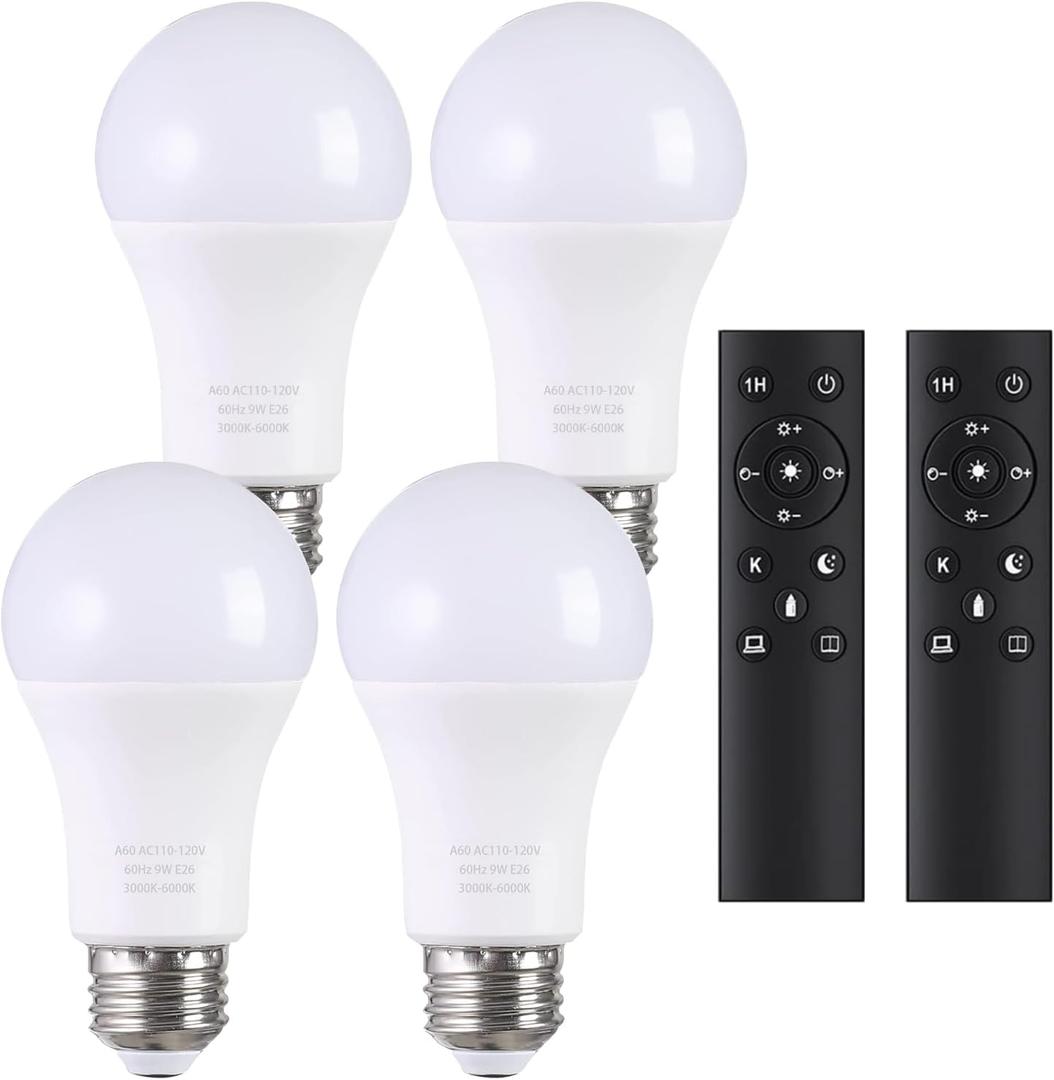 A19 LED Light Bulbs with Remote Control, 800LM 9W (60W Equivalent) Bulbs,Stepless Dimmable 3000K-6000K,E26 Base,CRI 80+,2.4GHz,25000+ Hours Lifespan,Light Bulb for Home Decor,4Bulb & 2Remote