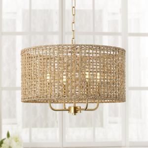 Rattan Drum Chandeliers for Dining Room, 4-Light Bohemian Hand-Woven Farmhouse Pendant Light Dining Room Light Fixture Chandelier for Entryway Living Room Kitchen Stairway Bedroom Hallway(Gold)