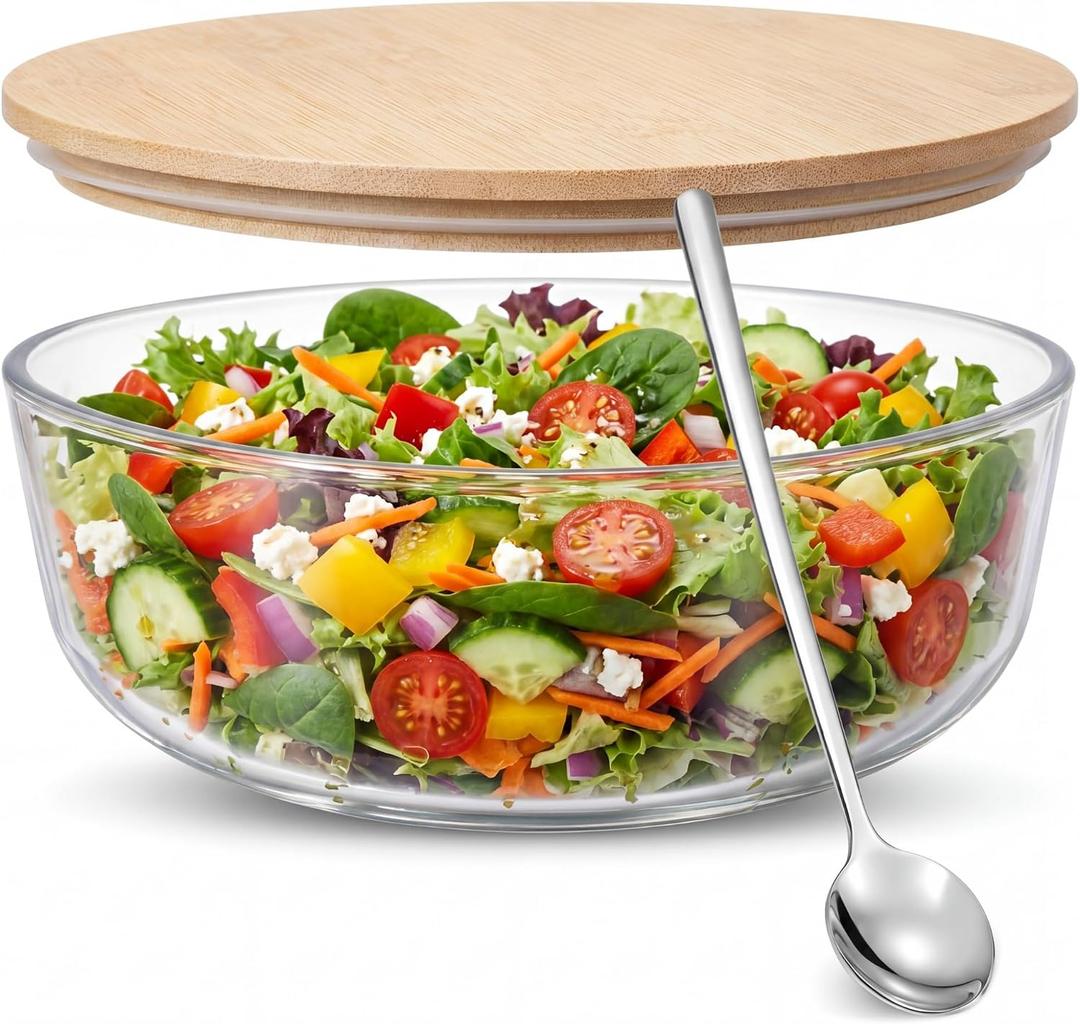 Large Glass Salad Bowl 2.43 Quart Trifle Glass Mixing Bowl with Bamboo Lid and Stainless Steel Spoon for Food Prep, Storage, Baking, Mixing and Cooking