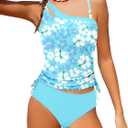 Girls Swimsuit Two Piece One Shoulder Girls Tankini Swimsuit Floral Print Girls Bathing Suit Drawstring Swimwear Set  (13-14 Years, Light Blue # Floral)