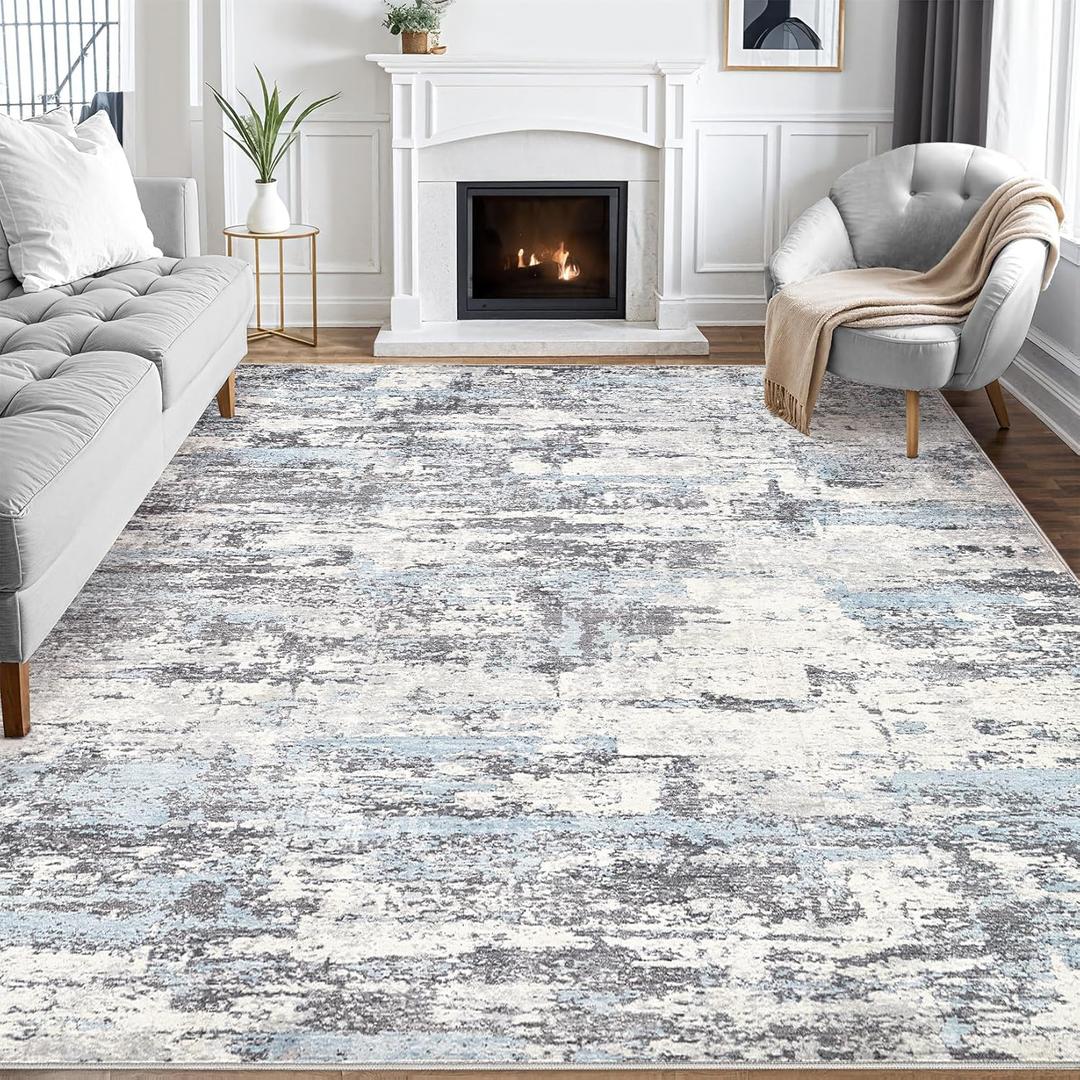 Area Rugs for Living Room: 9x12 Abstract Washable Rug Modern Neutral Large Soft Stain Resistant Non-Slip Backing Machine Table for Bedroom Dining Room Indoor Home Office Carpet - Blue Grey