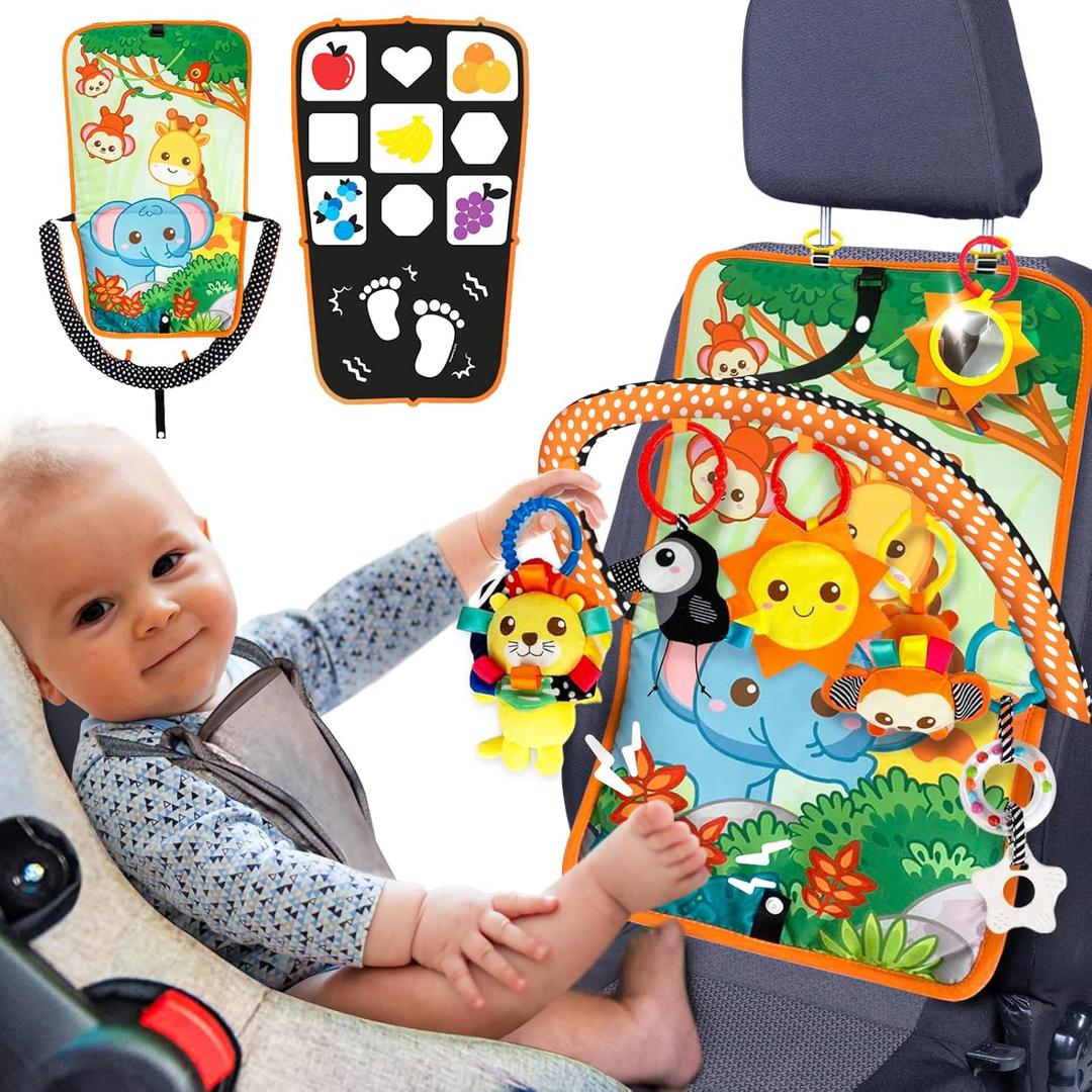 Baby Car Seat Animals Toys - Kick and Play Double Sided Infant Car Seat Toys with Plush Toys, Mirror, Teether for Baby, Babys Travel Activities, Christmas Birthday Gifts Newborn Infant Toys