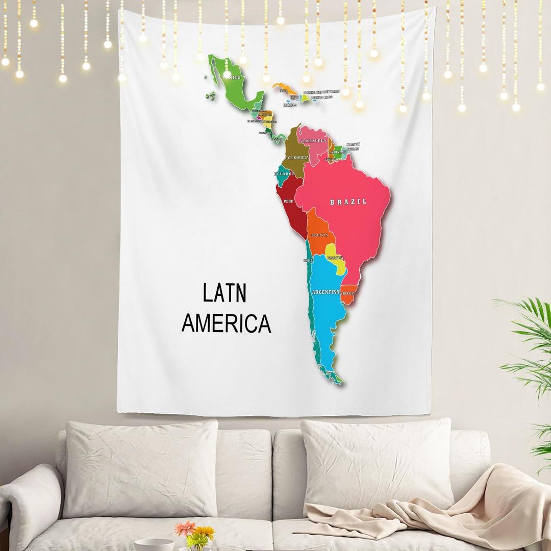 Shrahala Colorful Map Tapestry Wall Hanging for Kids Student, Map of Latin America Countries Abstract World Map Educational Tapestry for School Classroom Dorm Room Bedroom 59.1"L x 39.4"W,White