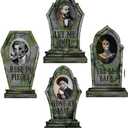 Hiboom 4 Pcs Halloween RIP Graveyard Tombstones with 4 Pcs 3D Changing Face Moving Picture Frame 16.7x13.8 Inch Large Halloween Tombstones Decoration for Yard Garden Lawn(Moss)