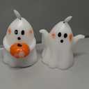 DRomance Halloween Ghost Flameless Candles with Timer Real Wax Battery Operated White LED Flickering Pillar Candles Hand Painted Looking Dinner Spooky Halloween Decor(2 Pack, 3.5" D x 5" H)