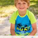 Boys Short Sleeve Rash Guard Swimsuit Set with Swim Trunks | Boys Bathing Suits for Swimming, Surfing, Rafting, Kayaking, Diving, Fishing, Waterski, Swim Team, Swim Meets, Lounging (Blue) Size 5 6
