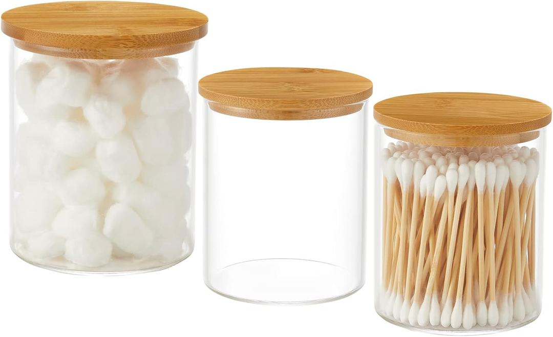 INIUNIK 3 Pack Glass Qtip Holder Dispenser, 20 oz and 11 oz Clear Glass Apothecary Jars, Bathroom Vanity Canisters Organizer Jars for Cotton Swabs, Balls, Rounds, Pads, Floss, Bath Salts