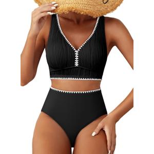 Herseas High Waisted Bikini Sets for Women - Textured Whip Stitch 2 Piece Swimsuit Bestselling Summer Beach Bathing Suit (Black), XL