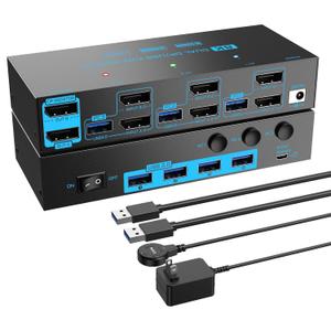 8K/4K Displayport 1.4 KVM Switch 2 Monitors 3 Computers Dual Monitor 8K@30Hz/4K@144Hz 3 Port Dual DP1.4 USB 3.0 KVM Switches 3 PCs Share 2 Monitors & 4 USB 3.0 Devices with Desktop Controller